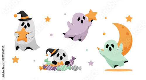 Cute Halloween Ghost Cartoon Character Illustration Celebrating Spooky Season with Fun Elements