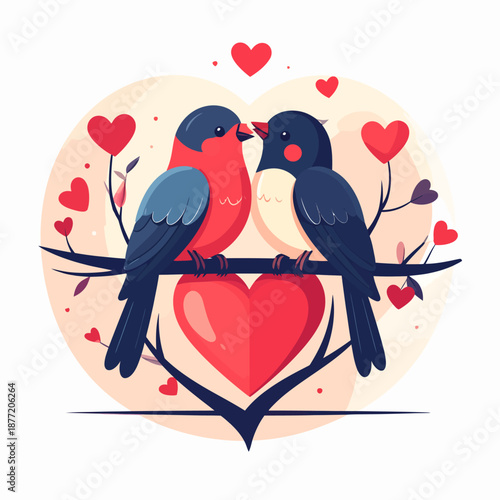 Couple of birds perched on a heart-shaped branch surrounded by flowers on Valentine’s Day