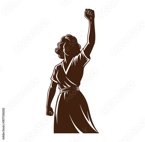 woman in dress with one arm raised in the air and fist clenched  protest symbol