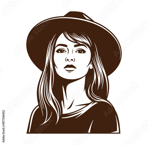 Woman wearing a hat with long hair and a casual top looking forward  female portrait in brown tones