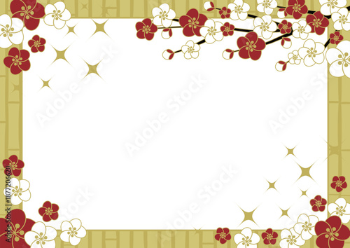 梅と竹垣、金、フレームイラスト、かわいい、シンプル、横