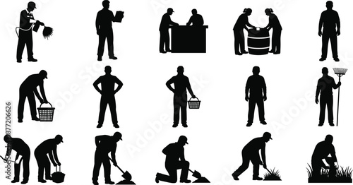 Black silhouette icons of male workers and farmers engaged in manual labor tasks including digging gardening harvesting and carrying baskets for industrial agricultural design.