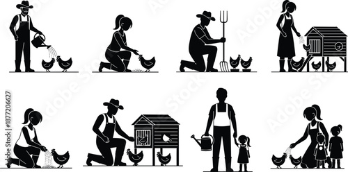 Black silhouette icons of farmers tending to chickens feeding poultry and watering plants for rural agriculture organic homesteading farm life and gardening design illustration.