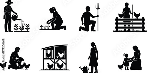 Black silhouette icons of diverse farmers gardening watering plants tending to chickens and working on a rural farm for agricultural and homesteading design.