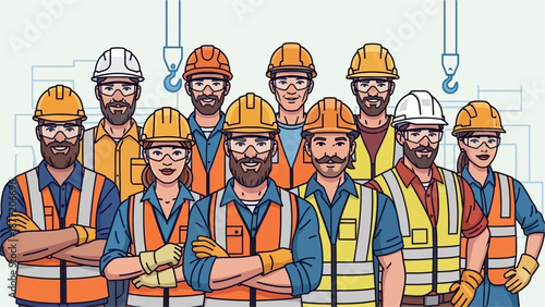 A diverse team of construction workers wearing safety gear, including hard hats, vests, and glasses, standing together.