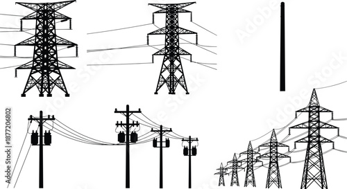 Black and white vector silhouette set of high voltage electric power transmission towers and utility poles for energy infrastructure industrial grid and electrical engineering.