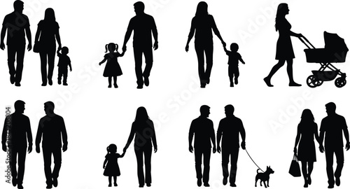 Black silhouette icons of diverse families and happy couples walking with children in strollers and dogs for community lifestyle social media and urban planning.