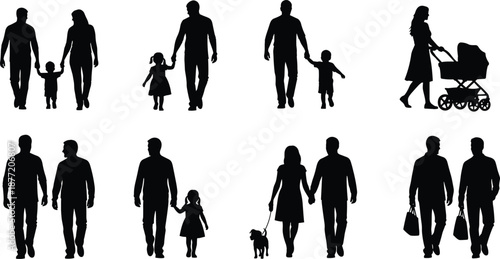 Black silhouette icons of diverse families couples and parents walking with children strollers and dogs for community lifestyle social media and urban planning design.