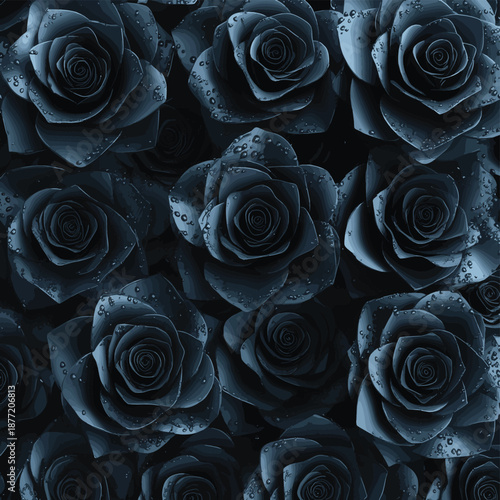 3d rendering of many black roses covered by water drops. Flat lay of minimal flower style concept , vector style simple color