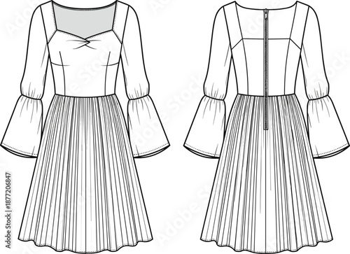 Technical fashion flat sketch of women's elegant sweetheart neck dress with long bell sleeves pleated skirt and back zipper for apparel design manufacturing templates.