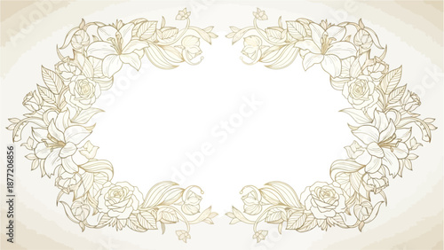 Elegant golden floral frame with intricate lily and rose line art on a light background, perfect for decorative designs.