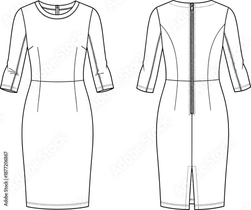 Technical fashion flat sketch of women's elegant three-quarter sleeve sheath dress with back zipper and vent for apparel design and clothing manufacturing templates.