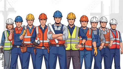 A diverse team of construction workers standing together, ready for work.