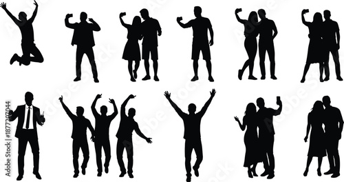 Black silhouette icons of diverse people taking smartphone selfies jumping for joy and posing in couples or groups for lifestyle social media and community design.