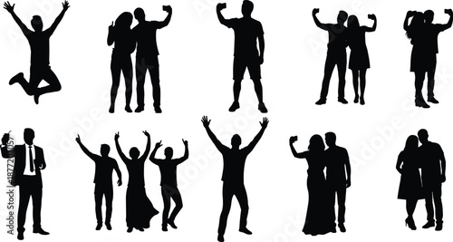 Black silhouette icons of diverse people taking selfies jumping for joy and posing in couples and groups for lifestyle social media and community design.