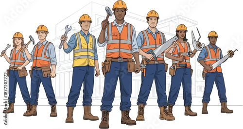 A diverse team of seven construction workers wearing hard hats and safety vests, holding various tools in front of a building outline.