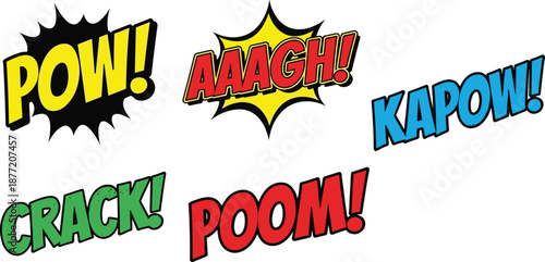 Comic sound effects, POW AAAGH KAPOW, colorful typography, retro comic style, dynamic text design, action words, pop art illustration