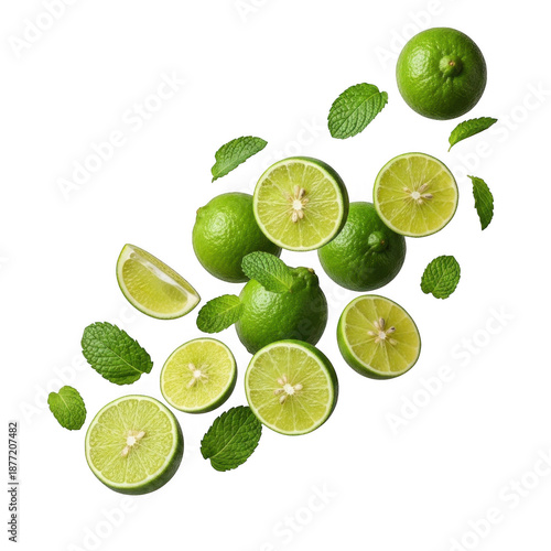 Fresh limes and mint leaves isolated on transparent background