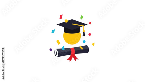 Graduation Cap and Diploma with Confetti Vector Illustration