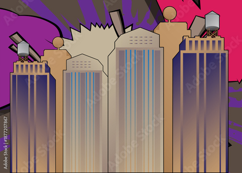 Cartoon Skyscraper, comic book buildings. Retro vector comics pop art design.