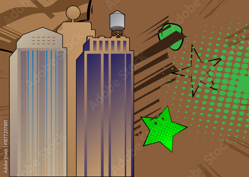 Cartoon Skyscraper, comic book buildings. Retro vector comics pop art design.