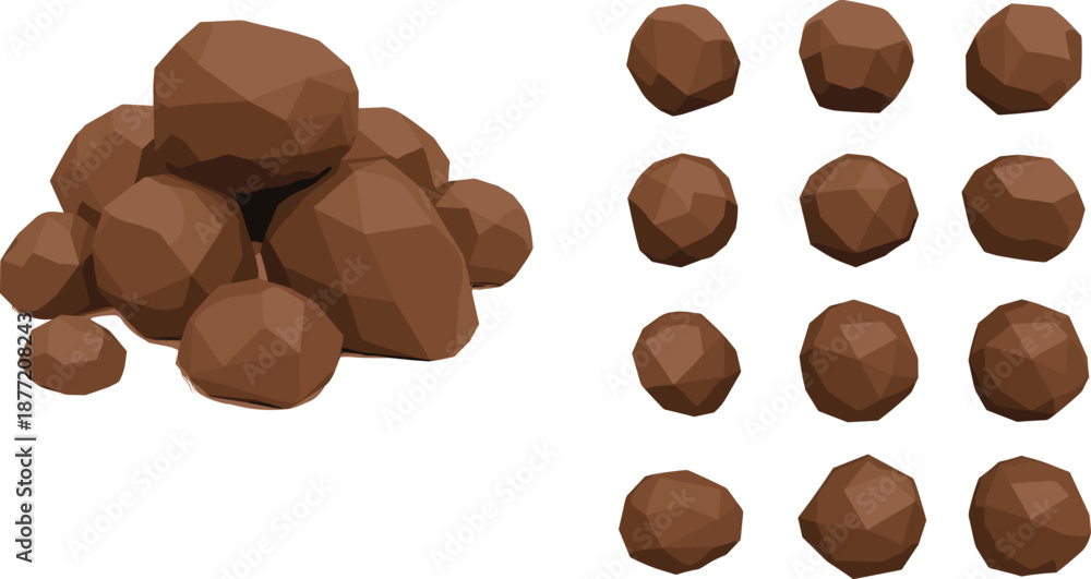 Fototapeta premium Polygonal objects illustration, clustered pile, organized grid, brown shapes, truffle-like design, geometric arrangement, visual grouping, quantity comparison, abstract artwork, conceptual design
