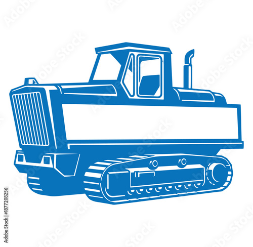 blue bulldozer machine with tracks and cabin isolated on white background