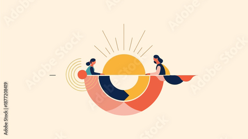 Two businesswomen collaborating on innovative project with sunburst design