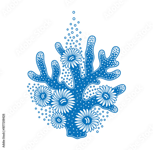 blue coral reef with white flowers and bubbles rising up