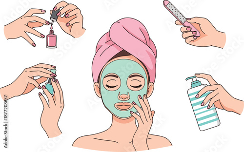 Self-care beauty routine, facial mask woman, spa day illustration, skincare treatment concept, nail care hands, wellness grooming graphic