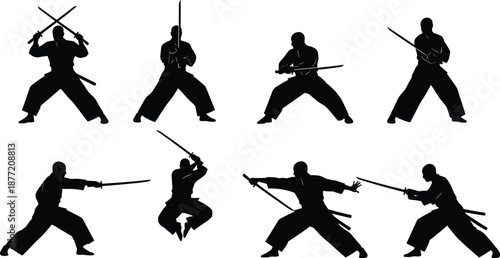 Martial arts sword silhouettes in dynamic stances, katana combat poses, flying, striking, blocking, traditional warrior discipline