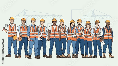 A diverse group of construction workers wearing hard hats and safety vests, standing together with tools.