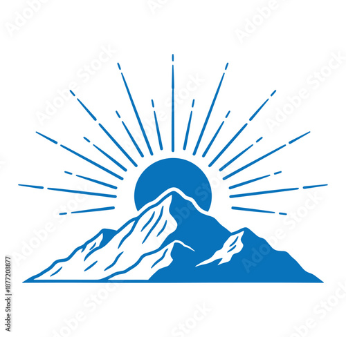 blue mountain landscape with sunrise behind snow capped peak  serene natural scenery