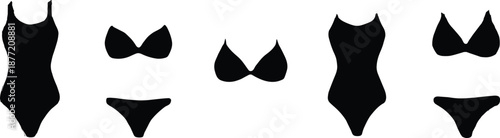 Set of five black silhouettes of women’s swimwear styles, including bikini and one-piece icons for fashion, design, and apparel themes