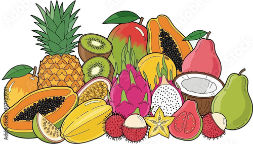 A vibrant assortment of various tropical fruits including pineapple, mango, papaya, kiwi, dragon fruit, lychee, and star fruit, on a white background.
