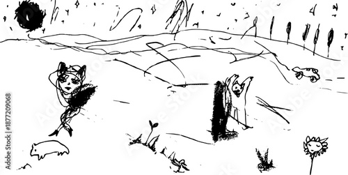 Moonlit night, starry sky, woman, bear, flowers, plants, trees, car driving, scribble illustration (Hogara)