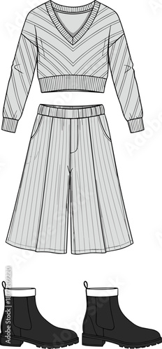 Technical fashion flat sketch of women's cropped chevron sweater, ribbed wide leg trousers, and chunky chelsea boots for apparel design templates and clothing manufacturing.