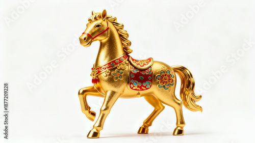 Wallpaper Mural Golden horse figurine with traditional Chinese patterns and colorful saddle, 3D render, luxury oriental zodiac symbol for Lunar New Year isolated on white background. Torontodigital.ca