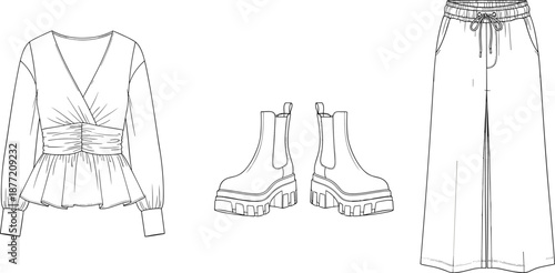 Technical fashion flat sketch of women's v-neck wrap blouse, platform chelsea boots, and drawstring wide leg trousers for apparel design and clothing manufacturing templates.