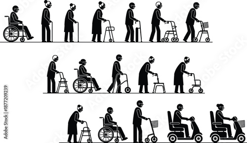 Black silhouette stick figure icons of elderly people using various mobility aids like wheelchairs walkers canes and electric scooters for healthcare and accessibility design.
