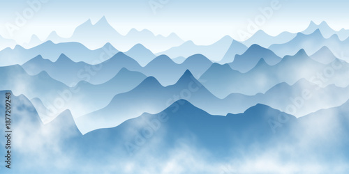 Gradients of mountain ranges in the fog, peaks above the clouds, morning light, vector illustration