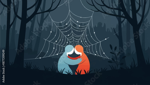Couple embracing under spooky spider web in dark forest at night