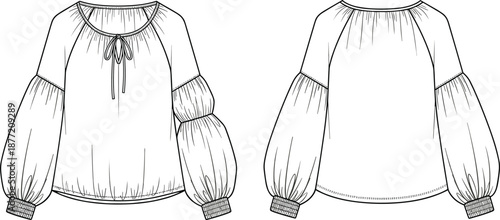 Technical Fashion Flat Sketch of Women's Boho Blouse with Lantern Sleeves and Tie Neck Detail Front and Back View for Apparel Design and Manufacturing
