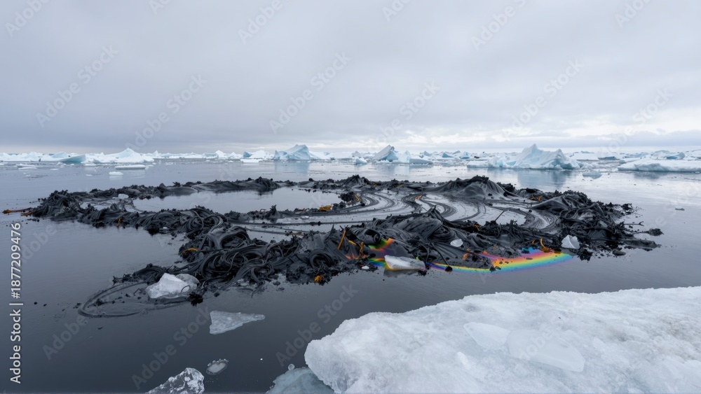 Fototapeta premium Pollution and icebergs floating in the ocean with a rainbow sheen on the water