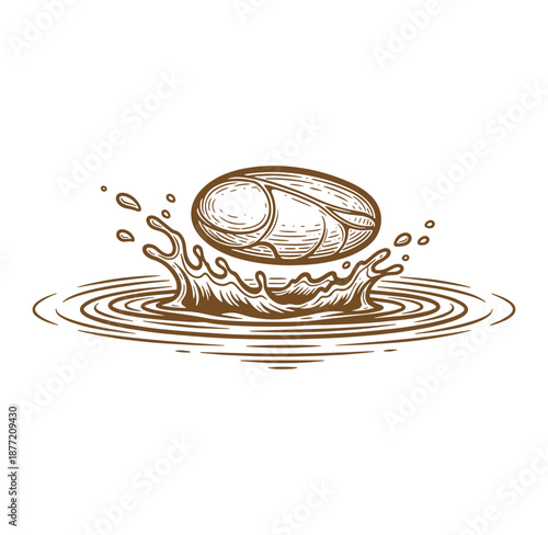 brown coffee bean splashing into water making ripples and droplets isolated on white background