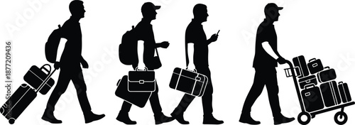 Male travelers walking with luggage silhouettes, airport journey and business trip concept, black and white people vector illustration