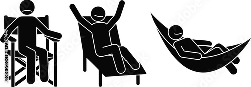 Human relaxation activity icons showing sitting chair, reclining lounge, and hammock rest positions, minimal black silhouette vector illustration set