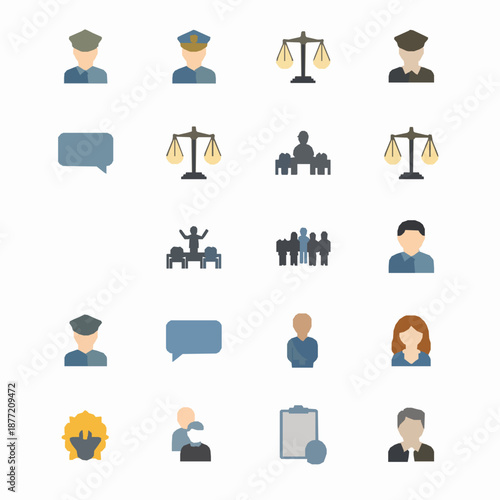 Authority and civil rights icons vector illustration with flat law enforcement society symbols
