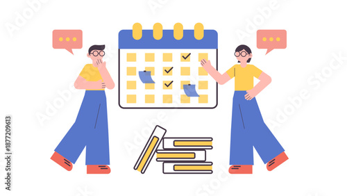 Professionals organizing their work calendar and managing project deadlines with sticky notes and stacked books