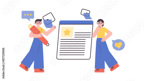 Content creators working together on a digital article using a giant pencil and star rating system